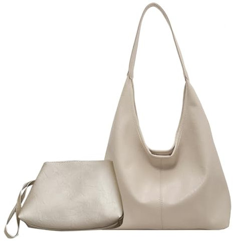 2-teilige Set Damen Umhängetasche aus PU Leder, lässige Retro Tragetasche, Handtasche mit großer Kapazität, Vintage Hobo Tasche, modische Schultertasche für Arbeit, Reisen, Einkaufen (Beige)