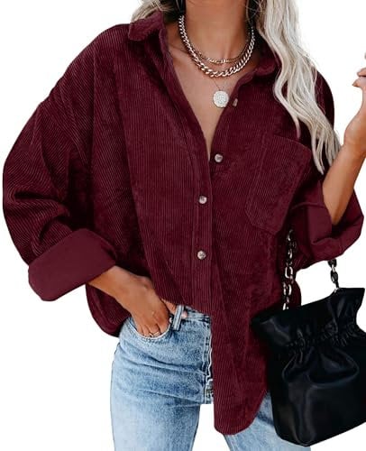 QIXING Womens Corduroy Oversized Shacket Button Down Boyfriend Shirts V Neck Cotton Long Sleeve Blouses with Pocket Casual Work Jacket for Women UK Ladies Tops Autumn Winter (Wine Red, M)