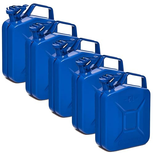BW® Benzinkanister Metall 5x 5 Liter - Kraftstoffkanister Blau - RAL 5005 - TÜV-geprüft und UN-Zulassung - 0,8mm Stahl nach DIN 7274 für Benzin Diesel E10 2-Takt - Made in Europe