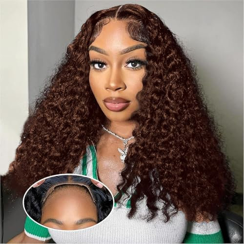 Perruque Bresilienne Glueless Wig 4x4 Lace Front Human Hair Curly Wig Perruque Sans Colle Cheveux Humain Perruque Femme Naturelle Brésilien Bouclée 180% Density Couleur Brun Chocolat 26 pouces (65 cm)