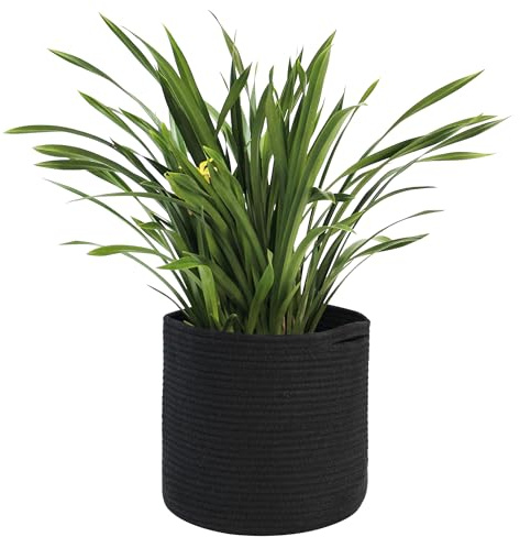 MEGASKET Cotton Rope Plant Basket, Woven Basket Planter for 11 inch Pot, Round Indoor Tree Pot Cover, Storage Bin Organizer, Modern Planter and Home Decor, 12.5”X12.5”, Black