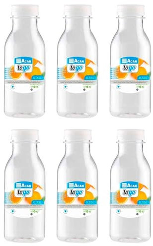 Acan Tradineur - Pack de 6 botellas de plástico con tapón de rosca, reutilizables y reciclables, agua, leche, batidos, zumos, refrescos, frigorífico, fabricadas en España (330 ml - 16 x 6 cm)
