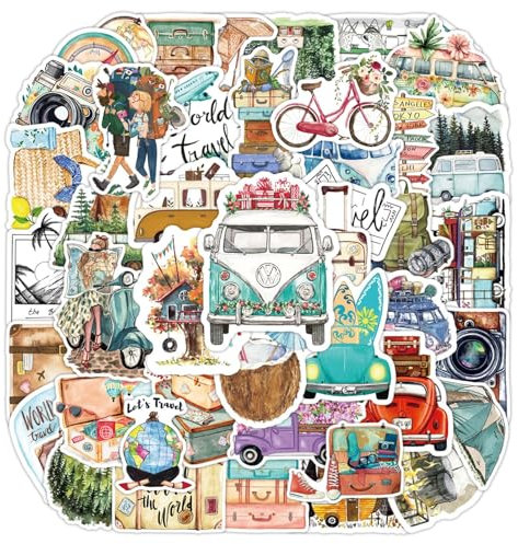 50 Stück Reiseaufkleber, Reiseaufkleber in Mini Größe, Wasserfeste Koffer Reise Aufkleber, Reisen im Freien Sticker Set für Journaling Notizbuch Wasserflaschenalbum Handyhülle Laptop Kartengestaltung