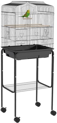 PawHut Bird Cage Budgie Cages for Finch Canary Parakeet with Stand Wheels Slide-out Tray Accessories Storage Shelf, Black 46.5 x 36 x 124 cm
