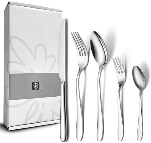 EIUBUIE Besteck Set 12 Personen, 60-teiliges Edelstahl Besteckset, Elegantes Essbesteck mit Messer Gabel Löffel, Tafelbesteck Set für Haus/Küche/Restaurant, Hochglanzpoliert, Spülmaschinenfest
