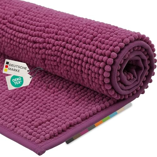 NYVI Badematte NYVISpa Chenille Badteppich 60x90 cm Rechteckig Lila | Rutschfest, Saugstark, Schnell Trocknend, Fußbodenheizung geeignet, OEKO-TEX, Waschbar, Weich