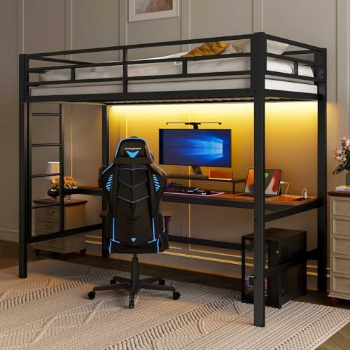 YEHTOKHOME Lit Loft Moderne 90x200 cm avec Lumière d'ambiance Télécommandée et Bureau, Simple en Métal avec USB et Prise, Multifonctionnel avec Escalier (Sans Matelas) Noir