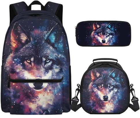 SEANATIVE Lot de 3 sacs à dos pour enfants grande capacité avec sangle réglable pour stylo et sac à déjeuner, Galaxy Wolf.