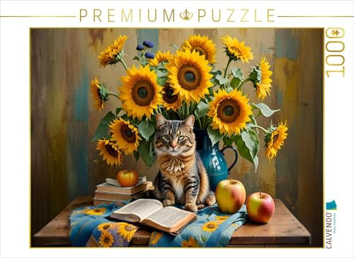 CALVENDO Puzzle Katze mit üppigem Sonnenblumenstrauß | 1000 Teile Lege-Größe 64 x 48 cm Foto-Puzzle für glückliche Stunden