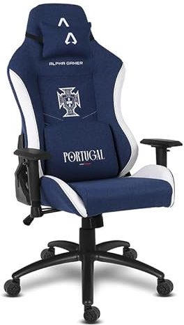 Alpha Gamer Portugal 24 - Silla Gaming en Tela, Oficial FPF, Federação Portuguesa de Futebol, Reposabrazos Ajustables, Cojín Lumbar y Cervical, Base de Metal, 150kg - Azul y Blanca