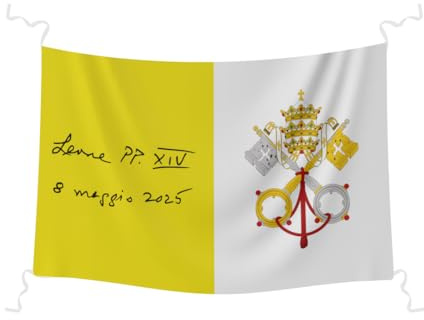 Bandera del Vaticano con la firma del nuevo Papa Leon XIV 100x70 cm. Bandera fecha de elección Papa León. Bandera colores del Vaticano impresa a todo color.