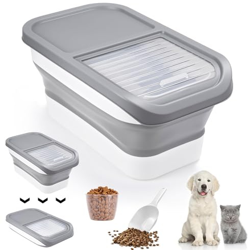 Dulynva Hundefutter Aufbewahrung, Faltbarer Futtertonne Hund 5kg, Dog Food Container mit Löffel Messbecher Tierfutterbehälter für Hundefutter und Katzenfutter (Grau)