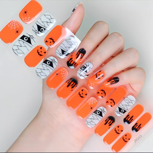 Tyuimhx Semi Cured Gel Nail Strips, 24 Pcs Halloween Luminous Gel Nail Stickers Spider Web Pumpkin Blood Mummy Designs Wraps for UV/Led Manicure Lamp Nails Art Decorations