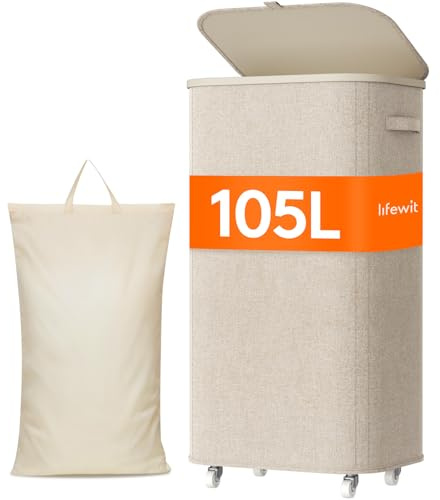 Lifewit 105L Wäschekorb mit Rollen und Deckel, großer Wäschesammler, Beige