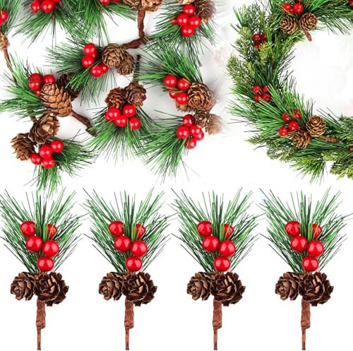 20pcs Künstliche Tannenzweige Mit Tannenzapfen Und Roten Beeren, 11cm Deko Zweige Weihnachten, Weihnachtszweige Künstlich, Kleine Tannenzweige Deko für Diy Weihnachten Kranz Weihnachtsbaum Deko