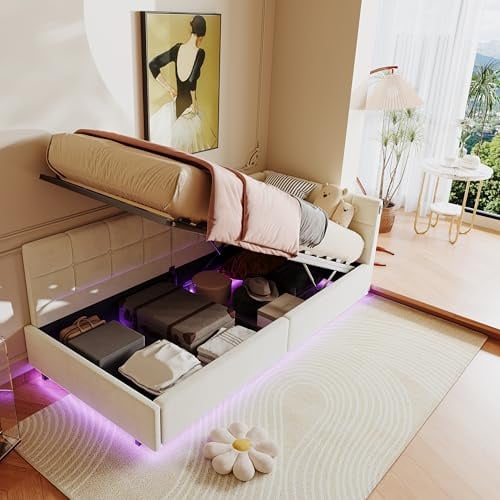 BPKADHY Polsterbett Schlafsofa 90x200 cm mit USB-C & LED, Jugendbett 90x200 mit Hydraulisch Stauraum, Kinderbett Tagesbett Bettgestell mit Lattenrost, Samt, Beige, Ohne Matratze (Beige-A, 90x200cm)