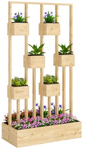 Outsunny Hochbeet mit Rankgitter Körbe Holz 90 x 45 x 170 cm Naturholz | Pflanzkübel, Pflanzkasten, Blumenkasten, für Garten Balkon Terrasse, Blumenkübel für Kletterpflanzen Korbpflanzen, Blumen