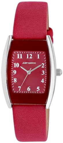 Just Watch Damen Armbanduhr Analog, Gesamtlänge 24 cm, Echtlederarmband – 5 ATM (Rot/Silber)