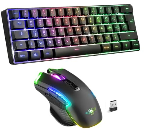 Spirit Of Gamer - Pack Clavier Souris Gamer sans Fil Rechargeable, Clavier Gaming TKL sans Fil & Bluethooth Rechargeable, Layout Compact 60%, Souris sans Fil 4800 DPI, 8 Boutons Programmables