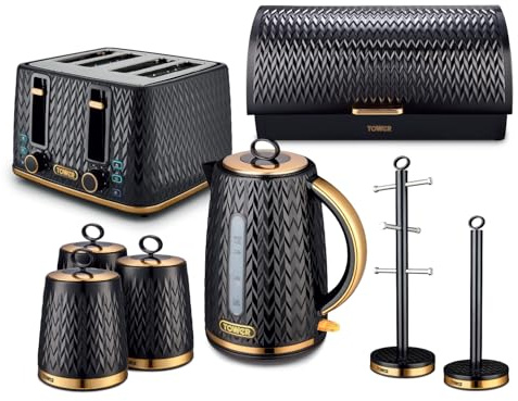 Tower Empire 5 Piece Kitchen Set, 3kW 1.7L Kettle, 4 Slice Toaster, Bread Bin, 3 x 1.3L Canisters, Towel Pole & Mug Tree, Black & Brass, EEJB469