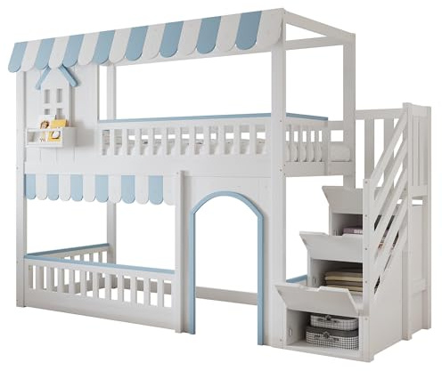 SOFTWEARY Etagenbett mit Regal, Schrank, Tür, Lattenrost und Treppe, 90x200cm, Kinderbett mit Rausfallschutz, Hochbett, Kiefer