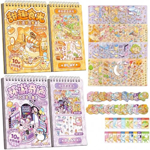 3D Sticker Scene Book DIY Set, 2 Bücher mit 20 Szenen Miniatur Aufkleber, Kreative DIY Stickers Room & House, Entspannende Sticker Therapy, Cozy Room DIY, mit Links-Rechts Seiten für einfaches Kleben