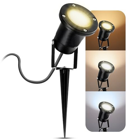 SSC-LUXon KARI Gartenstrahler Erdspieß schwarz GU10 5W 3 Lichtfarben IP65 | Schwenkbarer Gartenspot mit Erdspieß für Pflanzen, Bäume & Hausfassade - warm / neutral / kalt, wetterfest IP65, 1,8m
