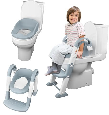 Kyoot 3-in-1 Foldable Ladder Potty Training Toilet Seat | Toddler Step Stool, Removable Seat & Training Potty | Toilet Training with Steps, Handle & Soft Cushion Design | Children & Toddlers | Grey