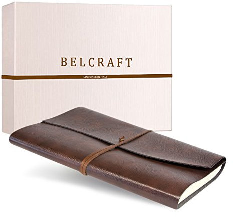BELCRAFT Tivoli A4 großes Notizbuch aus recyceltem Leder, Handgearbeitet in klassischem Italienischem Stil, Geschenkschachtel inklusive, Gästebuch, Tagebuch A4 (21x30 cm) Braun