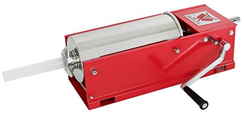 Beeketal 'MTH05' Profi Gastro Wurstfüllmaschine (5 Liter/horizontal) SGS-geprüft, Wurstfüller mit 2 Gang Vollmetall-Getriebe und Handkurbel, Gehäuse aus Stahl (rot lackiert), inkl. 4 Fülltüllen
