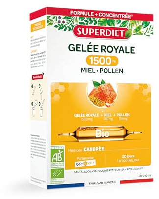 SUPERDIET-GELÉE ROYALE 1500MG BIO- Gelée royale, miel,pollen bio-Défenses immunitaires-Fabrication française-20 ampoules de 10ml