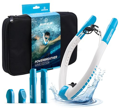 AMEO POWERBREATHER Wave - Atem Trainingsgerät fürs Schwimmbecken und Freiwasser mit 100% Frischluft für Erwachsene und Kinder - Schnorchelset mit intelligentem Ventilsystem und 100% trockener Atemluft