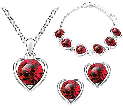 Mianova Damen 3 teiliges Set Silber in Herz Form mit runden Swarovski Elements Kristallen - Ohrringe Armband und Kette Rot
