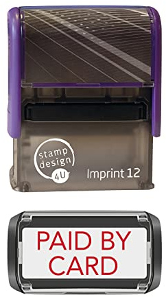 SD4U Imprint 12 RED 48 x 18mm Self-Inking Stamp – Paid with Card | Paid with Card wording; 47 x 18mm impression, Red ink; self-inking for paper and document marking.