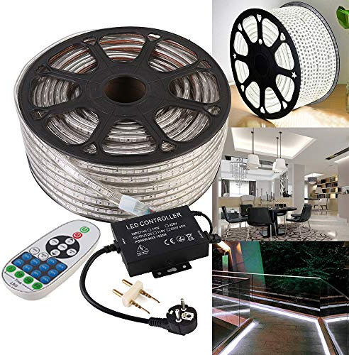 GreenSun LED Lighting 20m Kaltweiss 5050 SMD LED Streifen Strip mit 23 Tasten Fernbedienung RF Controller Lichter 60 LEDs/m für Innen und Außen Wasserdicht IP68 Lichtband Flex Band