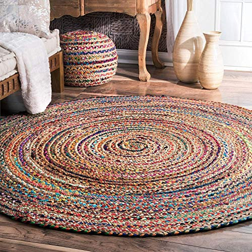textile tressure Indischer handgefertigter handgeflochtener Bohemian-Badteppich, wendbar, bunt, Baumwolle, Chindi-Jute, runder Teppich (122 cm)