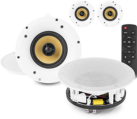 Amplified WiFi Bluetooth Ceiling Speakers Set of 4, Wireless Multi Room Ceiling Speaker System, Smart Home Sound System, WiFi & Bluetooth App Control, Kevlar Cones, Home Audio Solution, White