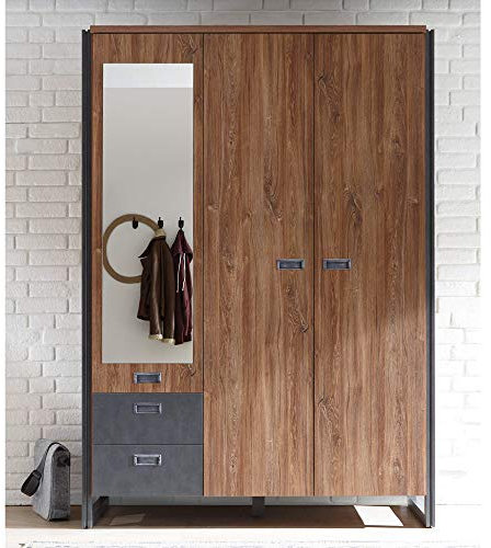 Lomadox Kleiderschrank Dielenschrank 3-türig im Industrial Design, Stirling Oak Eiche, anthrazit, Spiegel, 2 Schubkästen, B/H/T: 143/202/60 cm