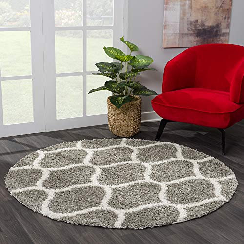 SANAT Madrid Shaggy Teppich Rund - Hochflor Teppiche für Wohnzimmer, Schlafzimmer, Küche - Morocco Grau, Größe: 80 cm