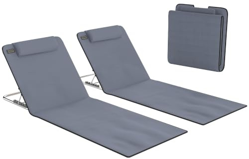 Outsunny Conjunto de 2 Esterillas de Playa Plegables 134x48x33-43cm Gris | Respaldo Reclinable en 5 Niveles, Reposacabezas, Bolsa de Transporte