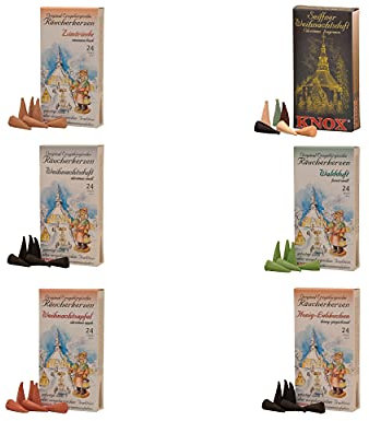 KNOX Räucherkerzen Erzgebirgsset - 6er Set - Seiffner Mischung, Waldduft, Weihnachtsduft, Zimtrinde, Honig-Lebkuchen &Weihnachtsapfel - Größe: M - 120 Stück - Made in Germany