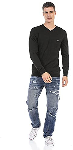 Cipo & Baxx Herren Pullover CP242 Schwarz – Stylischer Strickpullover im modernen Design mit hohem Perfekt für Freizeit, Alltag & Coole Streetwear Outfits - CP242 Schwarz XL
