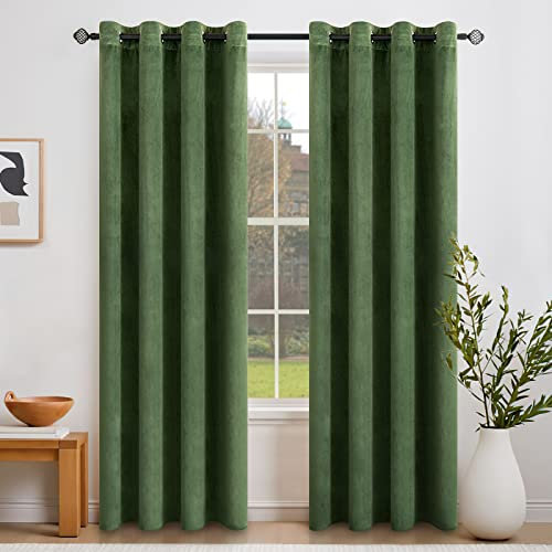 EMEMA 2 Stück Verdunklungsvorhang Samtvorhänge Blickdicht Vorhang mit Ösen Thermogardine Ösenvorhang Verdunkelungsgardinen für Schlafzimmer Wohnzimmer, 140 x 175 cm(B x H) Matcha Grün