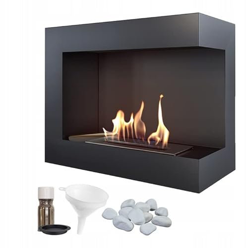 KRATKI Delta 600 Chimenea de Esquina Derecha de bioetanol + Guijarros + Embudo + Set de aromaterapia Montaje en Pared o instalación empotrada l Biocontainer 0,5 l, TÜV Acero, 48 x 60 cm, Negro