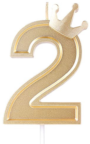 AIEX 3inch Birthday Number Candle, 3D Candle Cake Topper with Crown Cake Numeral Candles Number Candles for Birthday Anniversary Parties (Gold; 2)