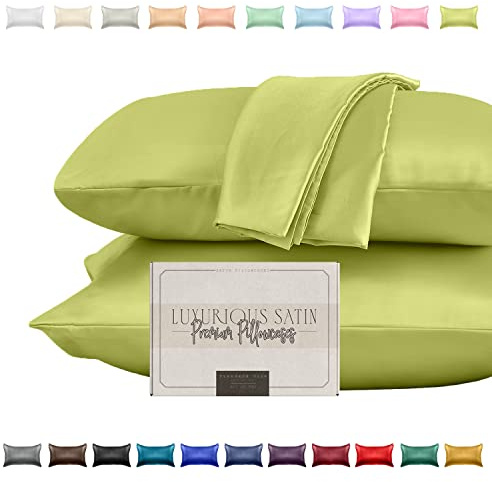 Elegant Comfort Silky and Luxurious 2-Piece Satin Pillowcase Set for Healthier Skin and Hair, Hidden Zipper Closure and Beautifully Packaged, Satin Pillowcase Set, Standard/Queen, Pistachio Green