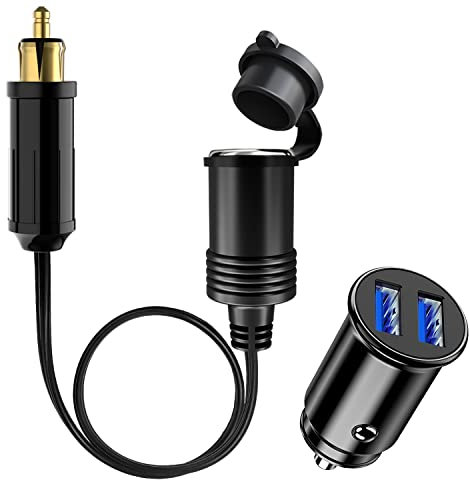 Hoembpn DIN Stecker auf Zigarettenanzünder Buchse Adapter Verlängerungskabel Wasserdicht, 12V / 24V Dual USB Port Zigarettenanzünder Auto Ladegerät für Auto, Motorrad, LKW