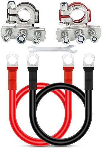 BONFQERT Car Battery Terminals Connectors - 2pcs 12V Automotive Top Post Car 3 Way Battery Wire Cable Terminals, 5 AWG Automotive Wire Set with Terminals(0.39 Ring, Length:20)