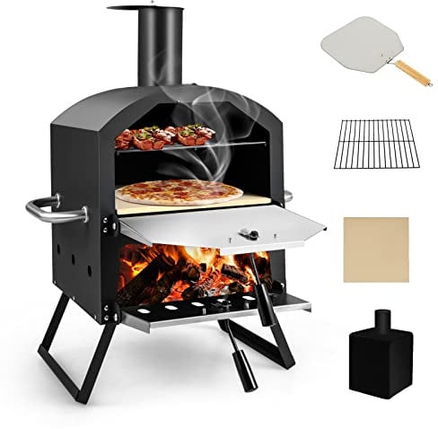 COSTWAY Horno de Pizza de Exterior, 2 Capas, Horno de Jardín a Leña con Asas Anti-quemaduras, Patas Plegables, Piedra de Pizza, Pala de Pizza, Cubierta Impermeable para Picnic, Fiesta, Camping