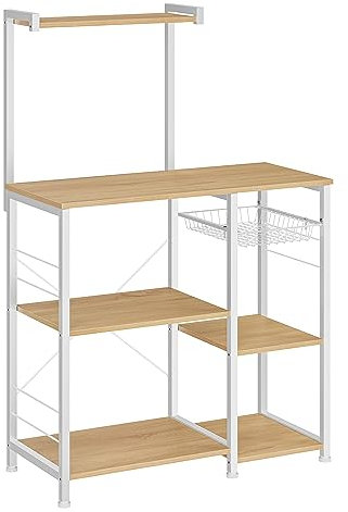VASAGLE Scaffale da Cucina, Supporto per Forno a Microonde, Mobile Cucina, con Cestino a Filo Metallico, 6 Ganci, per Spezie, Pentole e Padelle, Beige Rovere e Bianco Classico KKS035W09